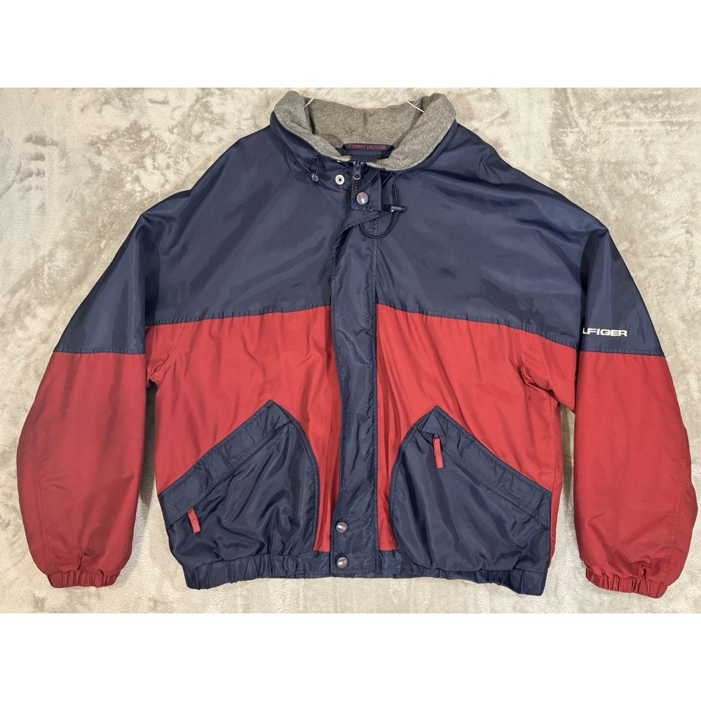 VTG Tommy Hilfiger Jacket Mens XXL Red Navy Blue Fleece Lined Zip Pockets Retro